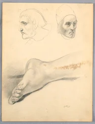 Dessin, pied droit et deux têtes S, 1852