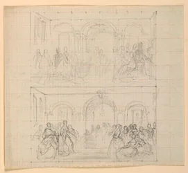 Dessin, deux compositions de figures pour le tableau "Réception de Lady Washington", 1860