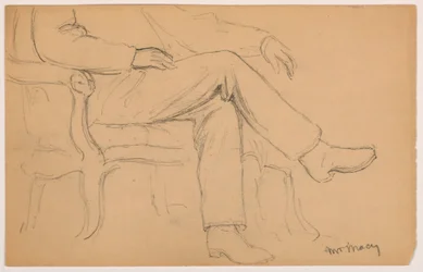 Dessin, William H. Macy assis, bas du corps ; verso : main droite, 1884
