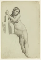 Femme nue perchée sur un tabouret