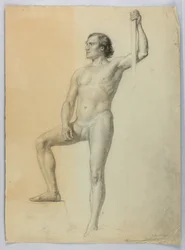 Nu masculin avec un pied sur une marche