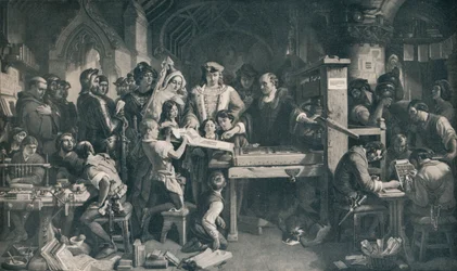 Caxton montrant le premier spécimen de son impression au roi Édouard IV