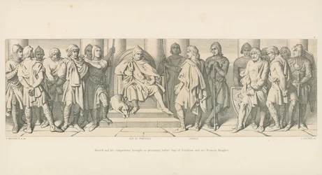 Harold et ses compagnons, amenés comme prisonniers devant Guy de Ponthieu et ses chevaliers normands