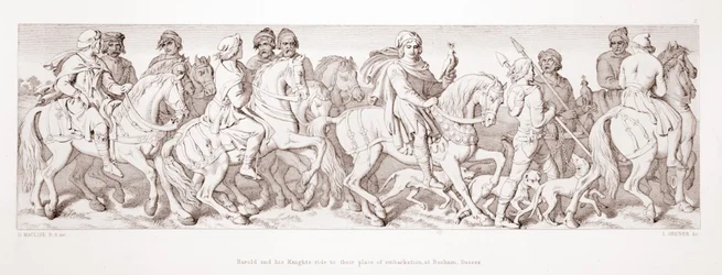 Harold et ses chevaliers se rendent à leur lieu d