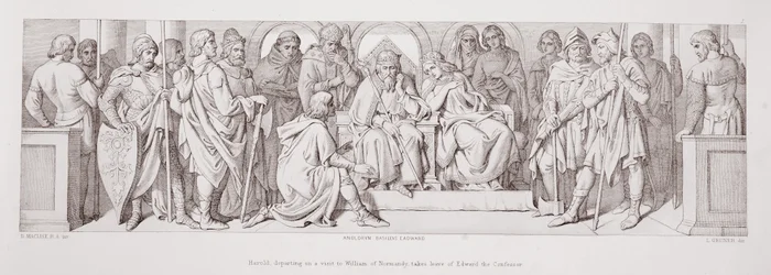 Harold, partant en visite chez Guillaume de Normandie, prend congé d