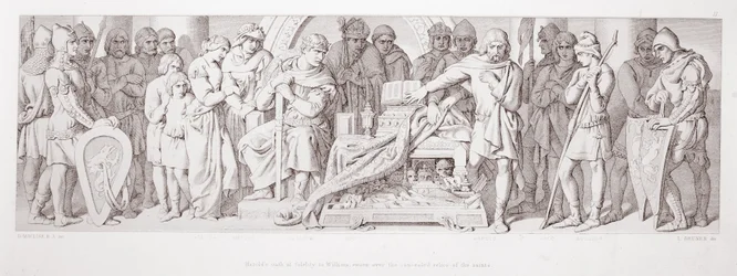 Le serment de fidélité de Harold à Guillaume, prêté sur les reliques cachées des saints, de 