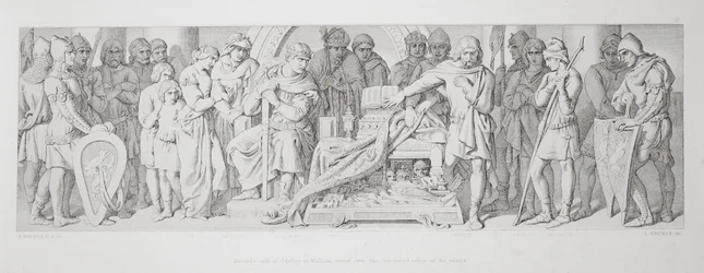 Le serment de fidélité de Harold à Guillaume, prêté sur les reliques cachées des saints, de 