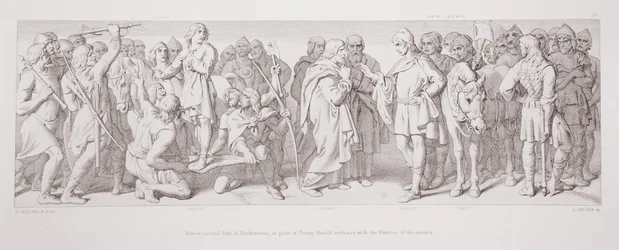 Morcar, élu comte de Northumbrie, à la place de Tostig, Harold médie avec les Nuncois de l