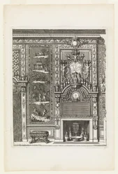 Design pour un mur de cheminée avec panneaux laqués et porcelaine