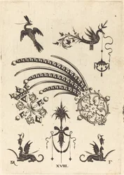 Deux broches avec oiseau et serpent ailé en haut et griffons avec vases en bas