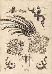 Deux broches avec dragon et insectes en haut et êtres humains avec queues en forme de serpent en bas