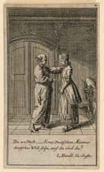 Un père ou tuteur parlant à une fille, illustration de la pièce "Nicht mehr als sachs Schuesseln" de Fredrich Wilhelm Grossman dans "Königl: Grosbrit [anische] Genealogischer Kalender auf das 1782 Jahr Lauenberg bey J.G. Berenberg"