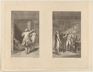 Le baron chasse Candide hors du château [à gauche] ; Candide, Cunégonde et la vieille femme devant le gouverneur de Buenos Aires [à droite]