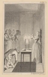 Clarisse menace de se poignarder avec un couteau pour se protéger du déshonneur que lui ferait subir Lovelace