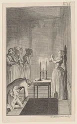 Clarisse menace de se poignarder avec un couteau pour se protéger du déshonneur que lui ferait subir Lovelace