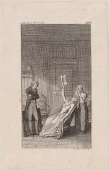 Clarisse, entre folie et lucidité, affaissée sur une chaise, tenant à la main le faux certificat de mariage de Lovelace