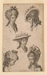 Cinq coiffures portées par les femmes de Berlin, illustration pour "Königl: Grosbrit [anische] Genealogischer Kalender auf das 1783 Jahr Lauenberg bey J.G. Berenberg"