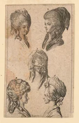 Cinq coiffures portées par les femmes de Berlin, Illustration pour "Königl: Grosbrit [anische] Genealogischer Kalender auf das 1782 Jahr Lauenberg bey J.G. Berenberg"