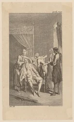 Durour évanoui dans la maison de son ancienne maîtresse Miss Dellon, planche 14 de «Vie, remarques et opinions de Johann Bunkel»