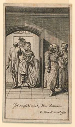 Le couple âgé terminant fièrement une visite, illustration de la pièce "Nicht mehr als sachs Schuesseln" par Fredrich Wilhelm Grossman dans "Königl: Grosbrit [anische] Genealogischer Kalender auf das 1782 Jahr Lauenberg bey J.G. Berenberg"