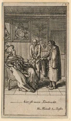 La vieille femme engage un homme, Illustration de la pièce "Nicht mehr als sachs Schuesseln" par Fredrich Wilhelm Grossman dans "Königl: Grosbrit [anische] Genealogischer Kalender auf das 1782 Jahr Lauenberg bey J.G. Berenberg"