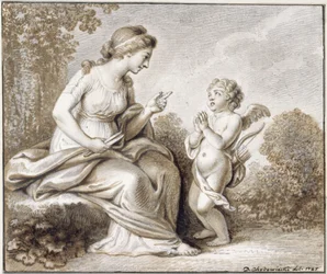 Vénus menace de couper les ailes de Cupidon, debout à sa droite