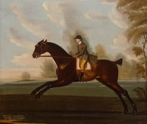 Chasseur avec un cheval bai dans un paysage boisé