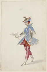 Figure masculine en costume bleu et rouge du Ballet des quatre saisons de l