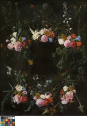 Cartouche sculpté orné de guirlandes de fleurs