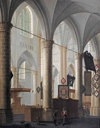 Intérieur de la Grote Kerk à Dordrecht, avec des personnages conversant et des enfants jouant