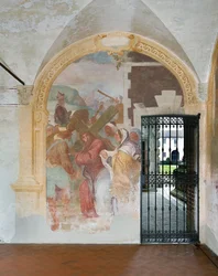 Jésus avec la croix au Calvaire et la rencontre avec les Saintes Femmes