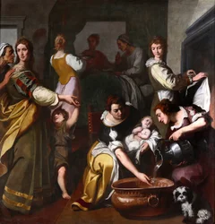 Vie de la Vierge : « La Naissance de Marie » Peinture de Daniele Crespi (1598-1630) XVIIe siècle Museo della Basilica di Santa Maria Assunta, Gallarate, Italie