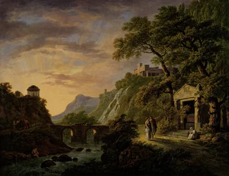 Paysage arcadien avec coucher de soleil