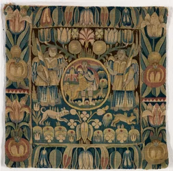 Coussin de tapisserie représentant Samson tuant le lion, fabriqué au Schleswig-Holstein, Danemark, vers 1615