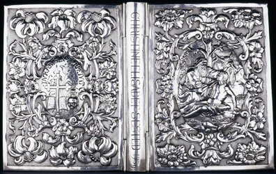 Couverture de livre avec feuillage et image du Bon Samaritain
