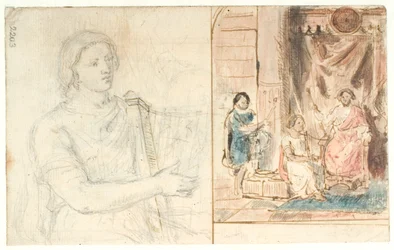 David jouant de la harpe pour Saul. À gauche : esquisse de la figure de David
