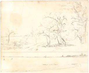 Une côte couverte de forêt dense, en arrière-plan une ville. En dessous : étude pour la même image