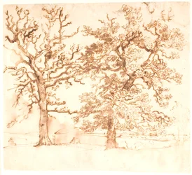 Paysage avec grands chênes au premier plan