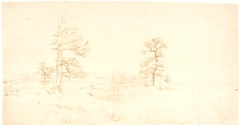 Vue sur un paysage vallonné avec quelques chênes solitaires