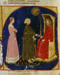 Dante et Béatrice rencontrant Justinien, scène du Paradis, Chant VI, de La Divine Comédie de Dante Alighieri (1265-1321), miniature vénitienne, Italie