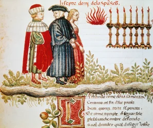 Virgile, Dante et Matelda, Purgatoire, Chant XXIX, page illuminée de la Divine Comédie