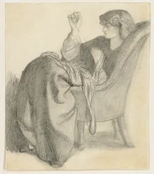 Lachesis : Étude de Jane Morris assise sur une chaise cousant