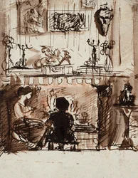 Lizzie Siddal et Woolner dans une pièce imaginaire (plume, encre et lavis)