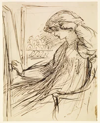 Femme assise devant un cadre ou un chevalet de broderie