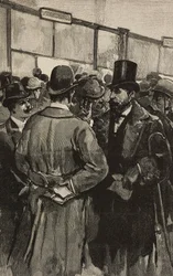 Guichets bancaires pendant le scandale de la Banque Romaine (Banca Romana), Rome, Italie, gravure d