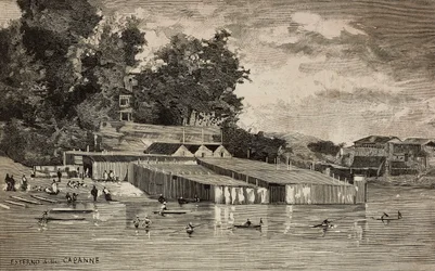 Établissement de bains, bains publics du Tibre à Rome, Italie, gravure d
