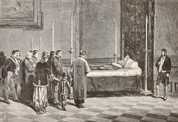 Le corps du cardinal Giacomo Antonelli exposé dans une des salles du Vatican, gravure d