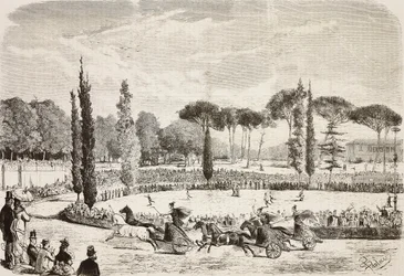 Courses de chars à la Villa Borghese, Rome, Italie, gravure d
