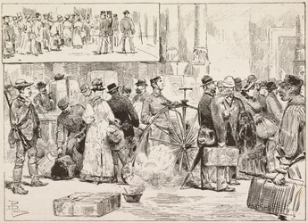 Fumigation contre le choléra à la gare, apprenti sur vélocipède, Rome, Italie, gravure d
