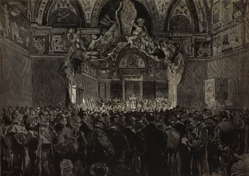 Léon XIII recevant des pèlerins français dans la salle ducal, jubilé papal, Vatican, gravure d